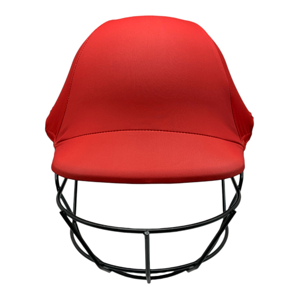 Red cricket helmet from designer helmet covers